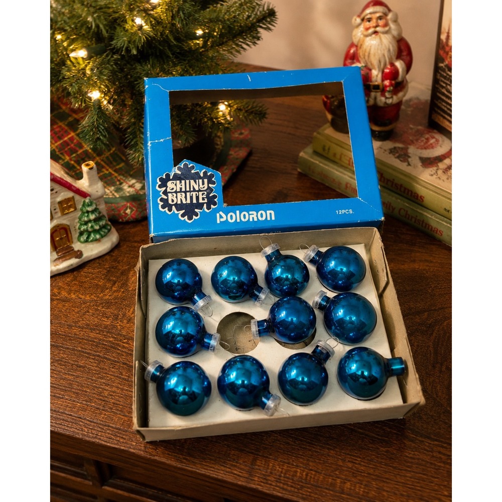 Vtg Shiny Brite Poloron Christmas Ornaments Blue Miniature Glass 11pc